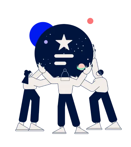 Three characters holding the Stars and Stories logo. Embracing genuine feedback