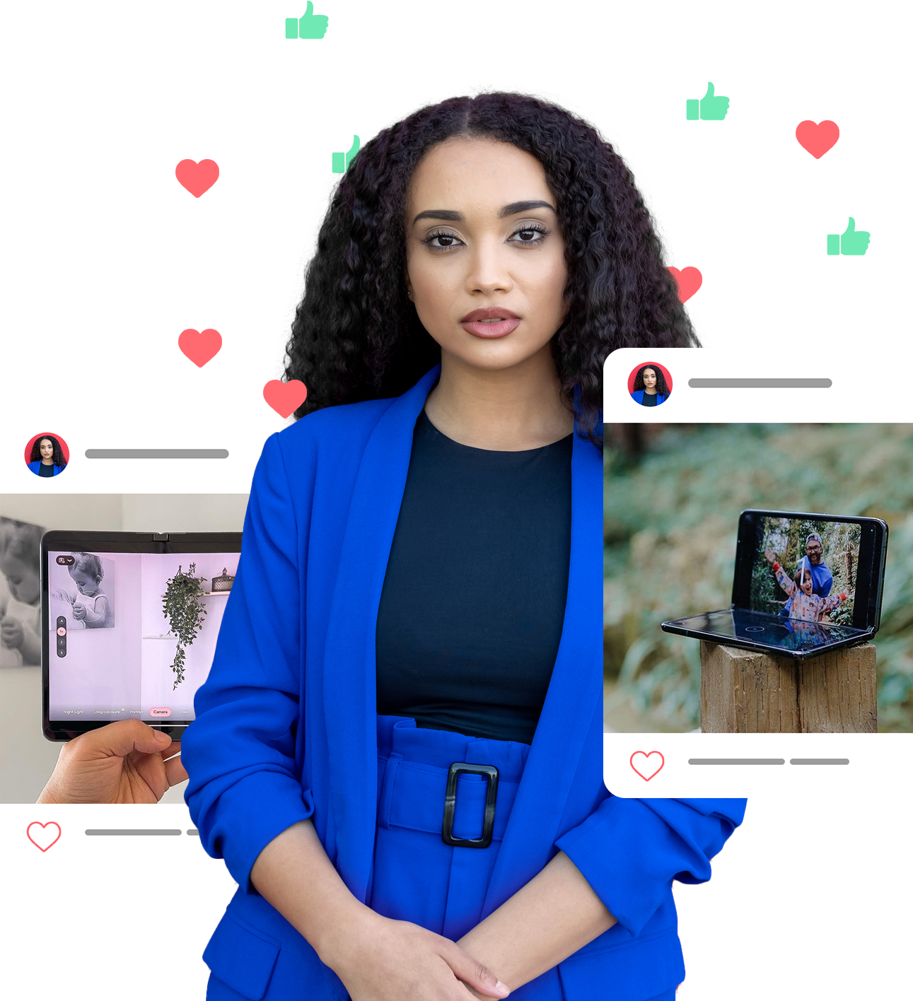A woman dressed in blue is surrounded by graphic elements showing devices connected to social networks with likes and hearts around her. Representing the power of a Social Buzz Campaign