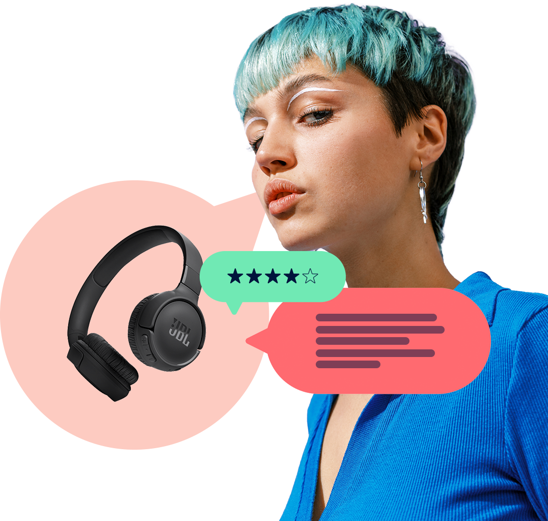 Girl with blue hair surrounded by graphic elements representing online comments about a headphone that appears on one of the graphics