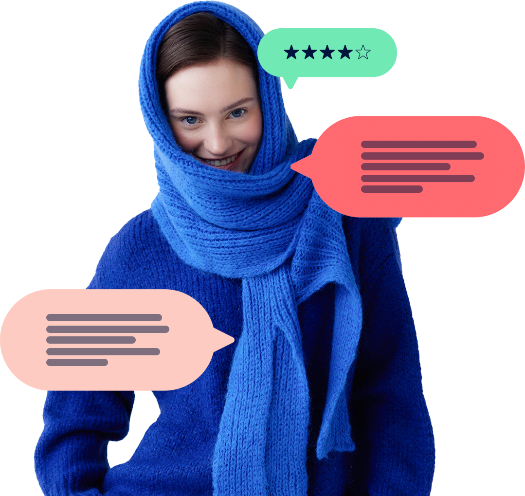 A woman, representing members of our community, wearing blue clothes and a scarf covering her head. Surrounded by graphic elements representing ratings and reviews