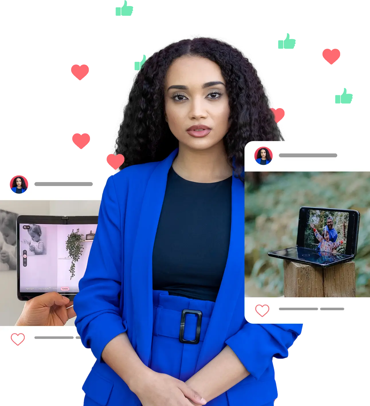 A woman dressed in blue is surrounded by graphic elements showing devices connected to social networks with likes and hearts around her. Representing the power of a Social Buzz Campaign