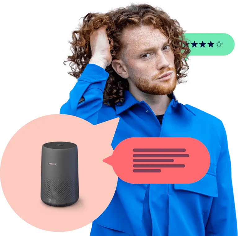Man, representing members of our community, wearing blue clothing surrounded by graphic elements depicting user-generated content about a speaker appearing in one of the comment balloons.