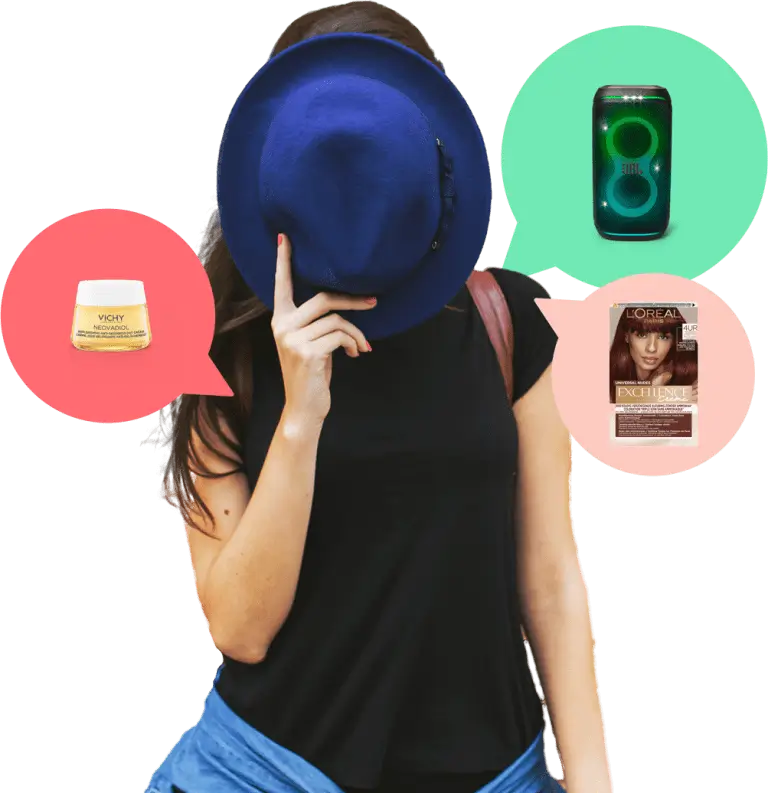A woman covers her face with a blue hat. Surrounded by graphic elements in the form of comment balloons representing the distribution of social content. social-buzz