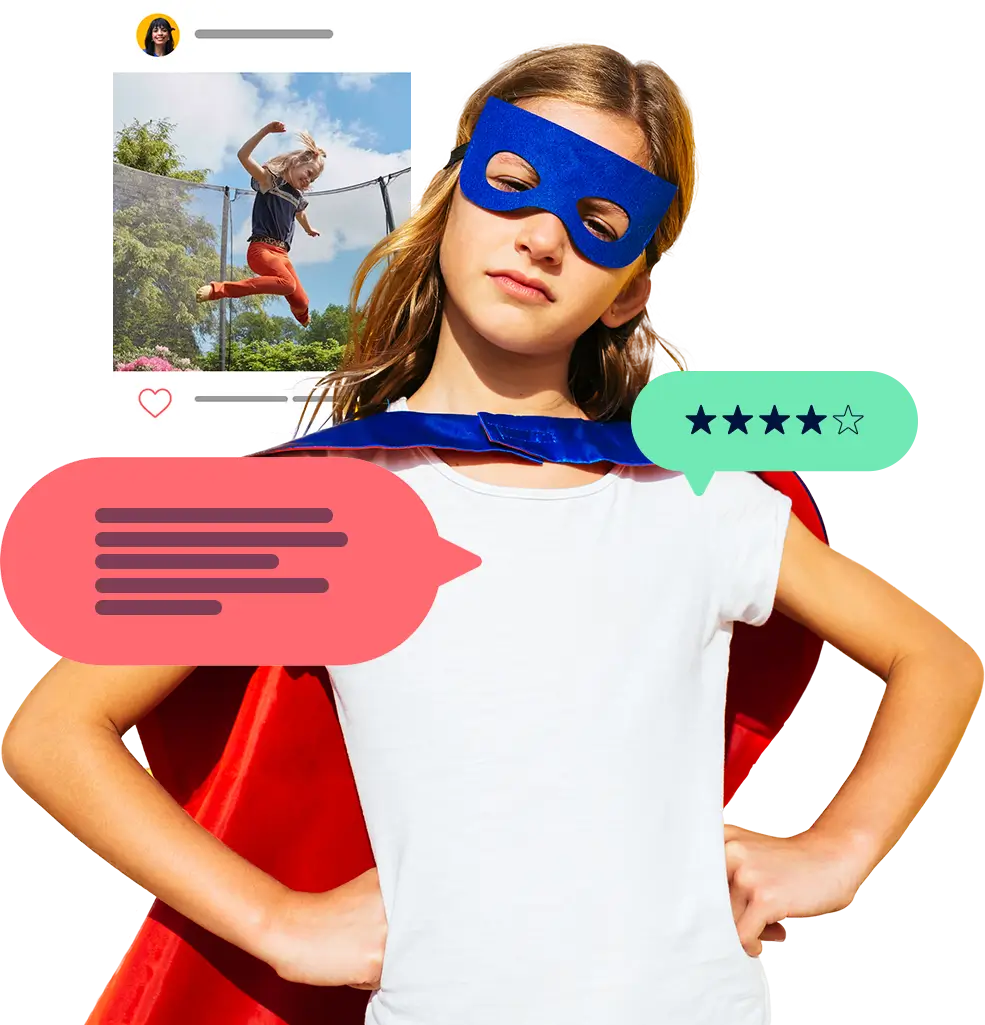 Girl dressed as a superhero representing who we are, always focused on genuine feedback